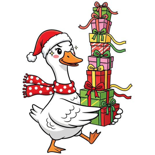christmas duck, holiday goose, festive bird, santa hat, red polka dot, gift boxes, stacked presents, bright red, forest green, sunny yellow, coral pink, white duck, orange beak, whimsical, cheerful, playful, seasonal, christmas themed, holiday decor, winter celebration, animal motif, cartoon style, family friendly, colorful ribbons, bow ties, festive ribbons, christmas gifts, holiday spirit, jolly character