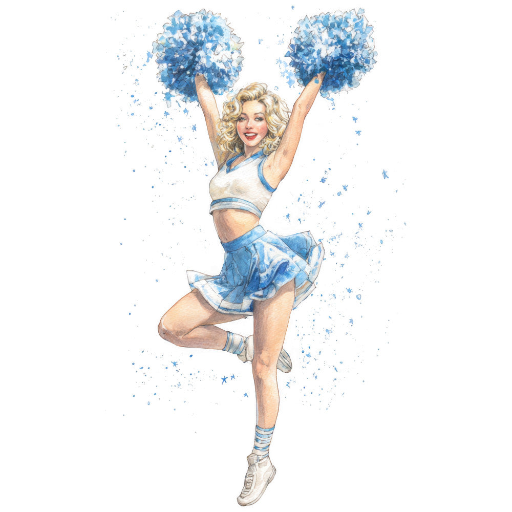 cheerleader, blue and white, retro, vintage, 1950s style, pin-up, sports, athletic, energetic, playful, novelty, portrait, figure, human subject, stars, sparkles, whimsical, nostalgic, mid-century modern, entertainment, performance, youth culture, fabric panel, decorative, apparel, costume, themed panel