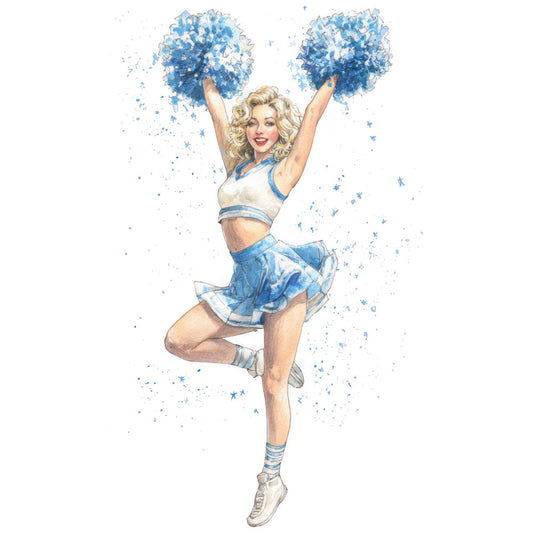 cheerleader, blue and white, retro, vintage, 1950s style, pin-up, sports, athletic, energetic, playful, novelty, portrait, figure, human subject, stars, sparkles, whimsical, nostalgic, mid-century modern, entertainment, performance, youth culture, fabric panel, decorative, apparel, costume, themed panel