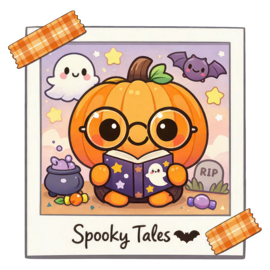 halloween, spooky, pumpkin, ghost, bat, witch, cauldron, stars, cute, kawaii, orange, purple, lavender, cream, autumn, fall, whimsical, playful, children, kids, book themed, reading, glasses, tombstone, candy, festive, seasonal, trick or treat, harvest