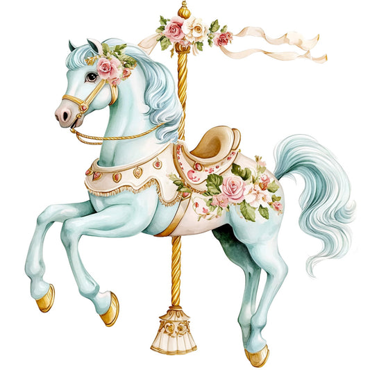 carousel horse, pastel blue, dusty rose, cream, gold accents, floral, roses, whimsical, vintage, elegant, spring, romantic, fairy tale, merry-go-round, horse motif, blush pink, pale blue, botanical, ribbons, decorative, classic, nostalgic, children's, nursery, baby girl, magical, ornate, delicate flowers, pale green