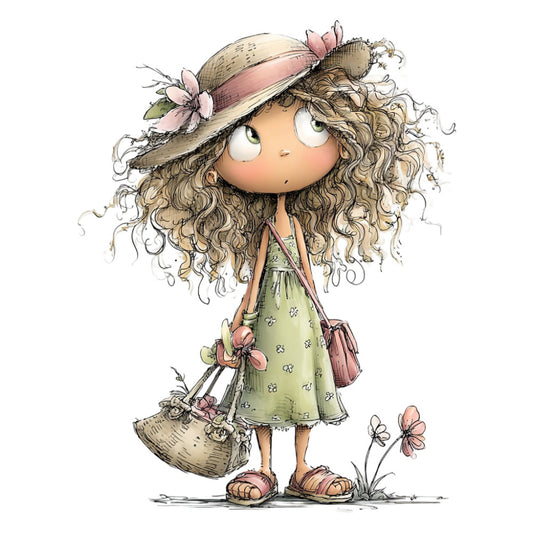 whimsical girl, curly hair, sage green, dusty rose, cream, tan, floral dress, butterfly motif, straw hat, vintage style, children's illustration, character panel, spring theme, nature inspired, botanical elements, girl with flowers, sweet character, soft colors, illustration art, decorative panel, young girl, charming design, pastoral theme, countryside style, girl illustration, flower basket, fabric panel art, nostalgic, gentle style, whimsical character