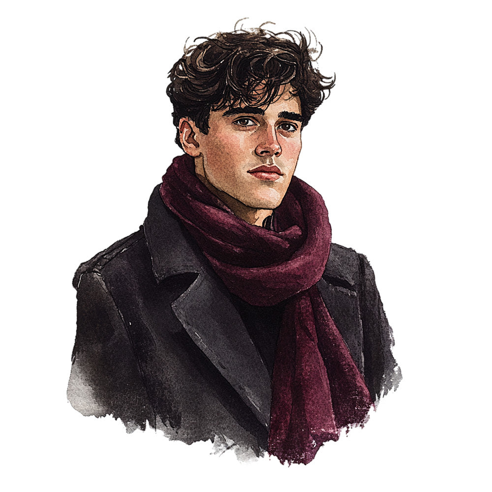 dark curly hair, burgundy scarf, charcoal coat, watercolor style, portrait illustration, young man, winter clothing, fabric panel, quilting cotton, moody atmosphere, romantic theme, muted tones, artistic rendering, fashion portrait, textile art, deep red, slate gray, character design, brooding expression, contemporary art