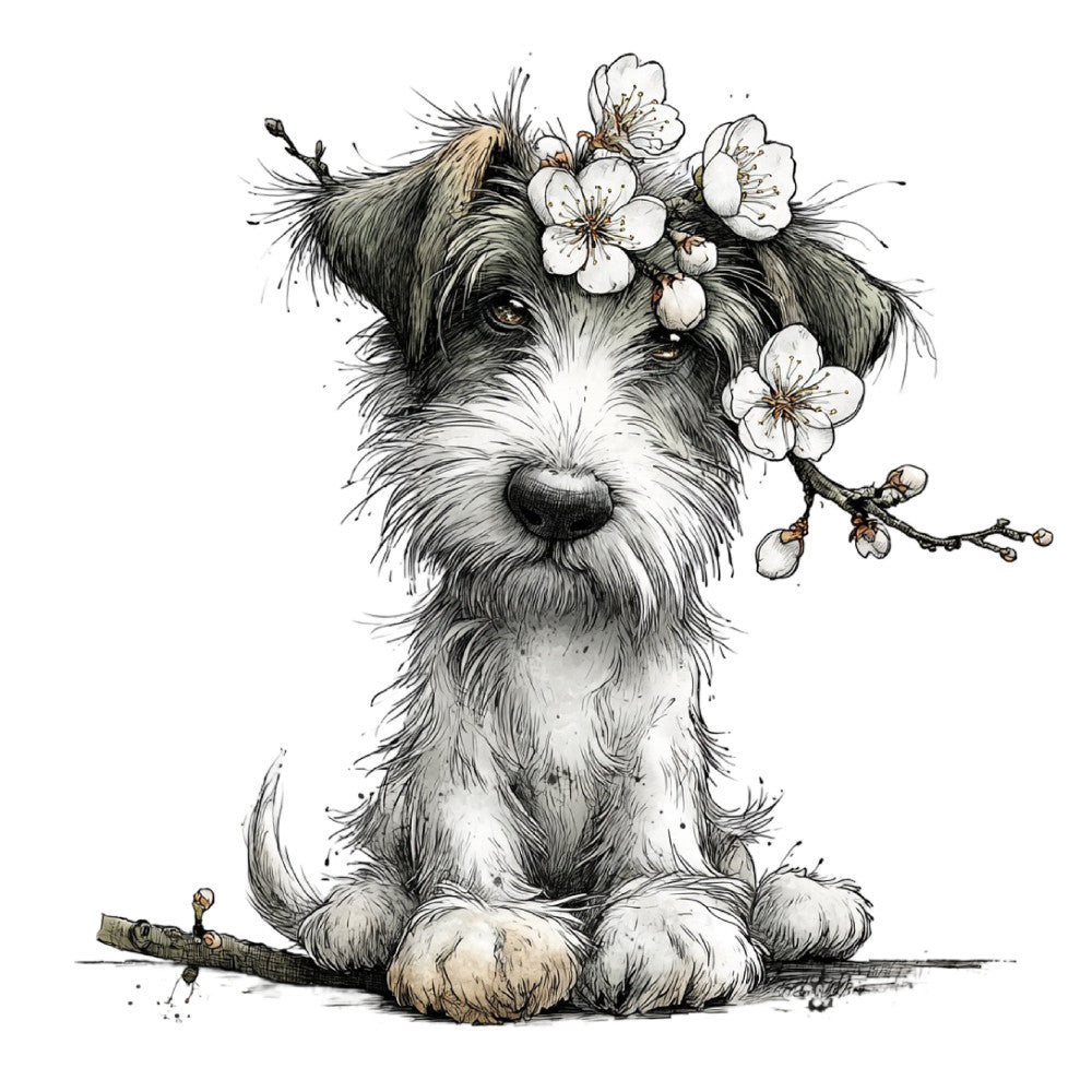dog, terrier, puppy, flowers, cherry blossoms, white flowers, black and white, gray, cream, botanical, floral, whimsical, cute, adorable, animal portrait, nature, spring, illustration style, sketch style, ink drawing, children's, baby, playful, sweet, gentle, charming, pet lover