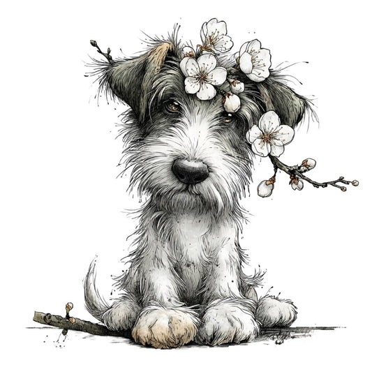 dog, terrier, puppy, flowers, cherry blossoms, white flowers, black and white, gray, cream, botanical, floral, whimsical, cute, adorable, animal portrait, nature, spring, illustration style, sketch style, ink drawing, children's, baby, playful, sweet, gentle, charming, pet lover