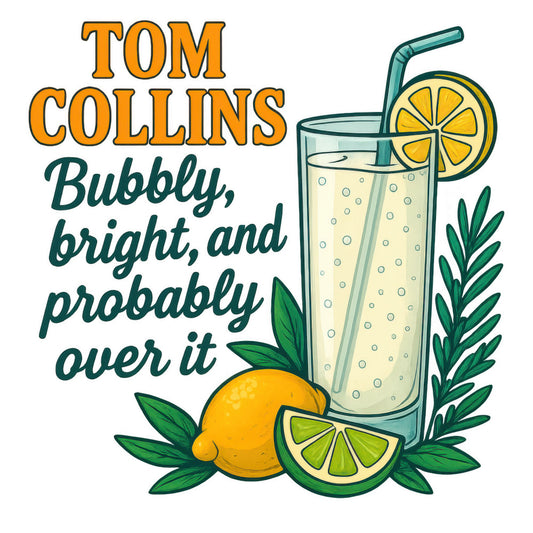 orange text, teal green, yellow citrus, lime green, bubbly drink, cocktail glass, lemon slice, lime wedge, drinking straw, tropical leaves, beverage theme, bright colors, refreshing summer, citrus fruits, sparkling drink, fabric panel, quilting cotton, tom collins cocktail, mint garnish, cheerful illustration
