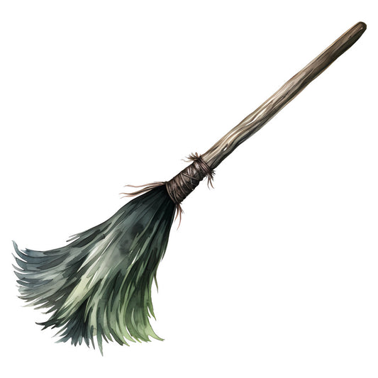 broomstick, witch, witchcraft, magic, magical, halloween, spooky, dark green, sage green, forest green, brown, tan, neutral, whimsical, fantasy, mystical, enchanted, rustic, vintage, gothic, celestial, wall hanging, home decor, seasonal, autumn, fall, harvest