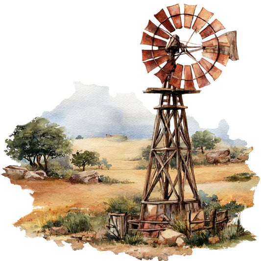 windmill, western, rural landscape, farmhouse, rustic, vintage americana, country, tan, cream, rust, terracotta, sage green, dusty blue, brown, architectural, buildings, structures, pastoral, prairie, plains, americana, traditional, watercolor, scenic, detailed illustration, wall hanging, farmland, homestead, heritage, nostalgic