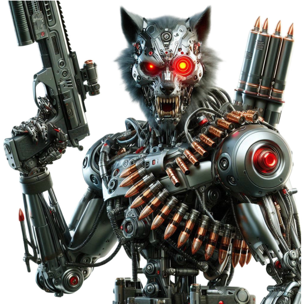 steampunk wolf, mechanical wolf, robot wolf, industrial wolf, cyberpunk, sci-fi, science fiction, futuristic, dark gray, gunmetal, copper, bronze, red glowing eyes, neon red, ammunition, bullets, gears, cogs, metallic, tech-inspired, dystopian, post-apocalyptic, fantasy creatures, armored animals, aggressive design, bold graphics, high-tech, industrial style, modern, edgy