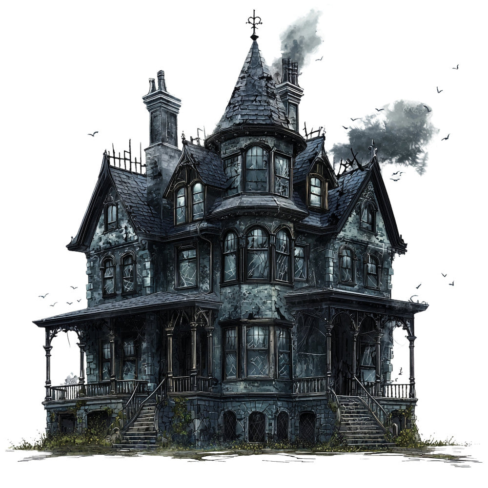 haunted house, gothic, victorian mansion, dark academia, spooky, halloween, charcoal gray, slate gray, black, dark blue, steampunk, architectural, vintage, eerie, mysterious, birds, ornate, grandeur, elegance, moody, atmospheric, enchanted, supernatural, creepy, detailed illustration, monochromatic, grayscale, celestial, dramatic, dark fantasy