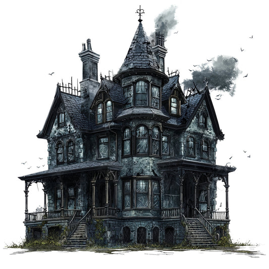haunted house, gothic, victorian mansion, dark academia, spooky, halloween, charcoal gray, slate gray, black, dark blue, steampunk, architectural, vintage, eerie, mysterious, birds, ornate, grandeur, elegance, moody, atmospheric, enchanted, supernatural, creepy, detailed illustration, monochromatic, grayscale, celestial, dramatic, dark fantasy