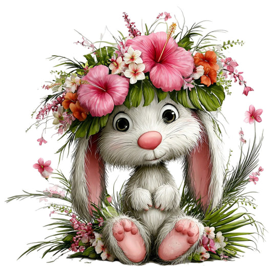 bunny, rabbit, floral, pink, coral, white, cream, green, orange, flower crown, hibiscus, daisy, whimsical, cute, animal, spring, garden, nature, baby, nursery, children's, playful, cheerful, botanical, long-eared bunny, Easter, innocent, sweet, decorative