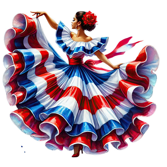 red, white, blue, striped, patriotic, dancer, woman, elegant, whimsical, flamenco, spanish, latin, cultural, folk, traditional, festive, flowing skirt, ruffled, dramatic, vibrant, bold, multi-color, costume, dance, artistic, decorative, home decor, wall art, fashion inspired, celebration