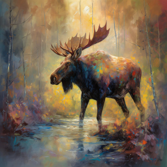 moose, wildlife, forest animals, nature, autumn, fall colors, golden yellow, burnt orange, deep brown, teal blue, purple, colorful, impressionist, artistic, painterly, whimsical, rustic, woodland, wildlife art, majestic, stream, water, misty, atmospheric, nature lover, hunting lodge, cabin decor, wall hanging