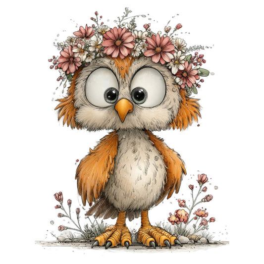owl, floral, whimsical, cute, animals, nature, spring, summer, coral pink, dusty rose, cream, orange, golden yellow, soft colors, pastel, daisies, wildflowers, botanical, cheerful, playful, children's, baby, nursery, wall hanging, decorative panel, vintage illustration, woodland, garden theme, gentle, sweet