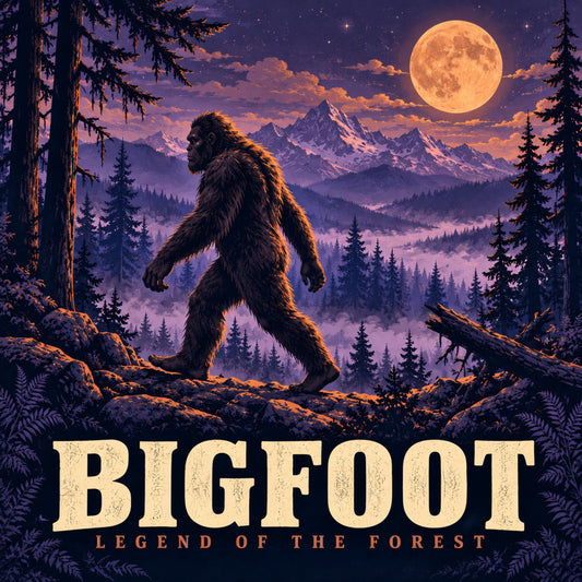 bigfoot, sasquatch, cryptid, forest, mountains, wildlife, nature, full moon, moonlit, purple, gold, orange, amber, mystical, legendary, outdoor adventure, rustic, fantasy, cryptozoology, nocturnal, coniferous forest, evergreen trees, misty landscape, wilderness, mysterious, dark fantasy, autumn, wall hanging, banner, large scale design