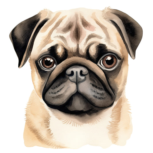 Watercolor Pug Fabric Panel 14 featuring a detailed, premium quilting cotton print of a pug’s face, printed in the USA.