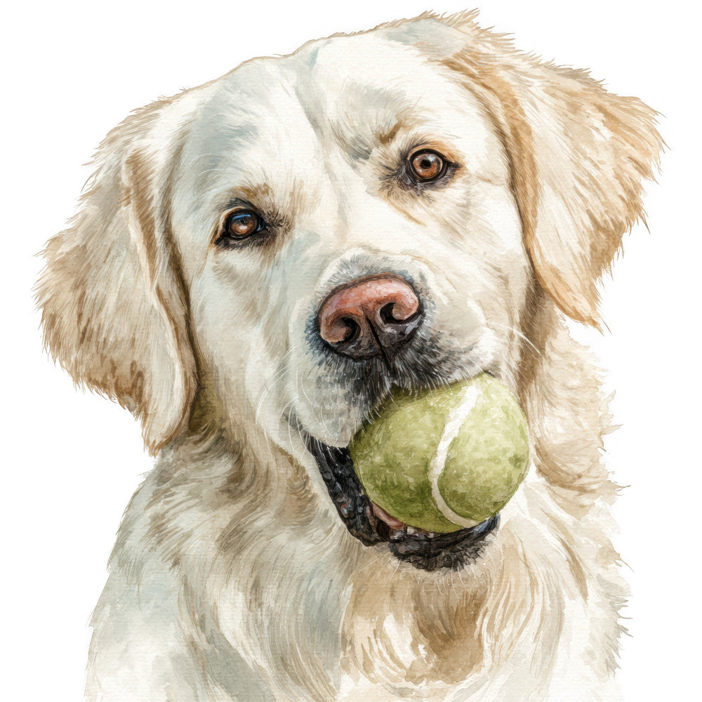 dog, labrador, retriever, golden, cream, tan, beige, white, brown, amber eyes, tennis ball, pet, animal portrait, realistic, dog lover, faithful friend, playful, sporting dog, nature, lifelike illustration, detailed, whimsical, charming, sweet, family friendly, nursery, children's, pet themed, home decor, wall art