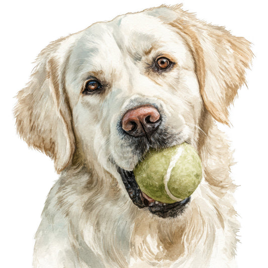 dog, labrador, retriever, golden, cream, tan, beige, white, brown, amber eyes, tennis ball, pet, animal portrait, realistic, dog lover, faithful friend, playful, sporting dog, nature, lifelike illustration, detailed, whimsical, charming, sweet, family friendly, nursery, children's, pet themed, home decor, wall art