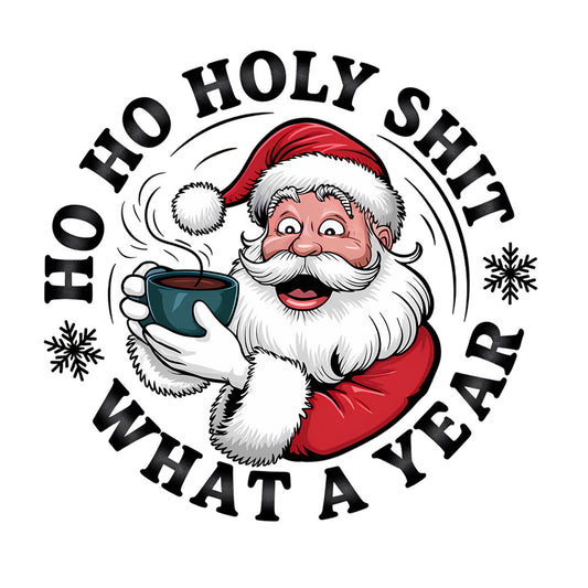 red, white, black, santa claus, christmas hat, coffee mug, steam, snowflakes, circular design, winter holiday, fabric panel, quilting cotton, festive character, jolly expression, white beard, christmas theme, seasonal motif, cartoon style, humorous design, holiday crafting