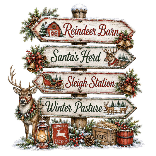 winter, christmas, holiday, reindeer, rustic, farmhouse, vintage, red, cream, brown, tan, forest green, directional panel, animals, nature, festive, traditional, whimsical, barn, sleigh, snow, bells, plaid, pastoral, countryside, sign post, decorative, seasonal, winter pastoral, homestead theme