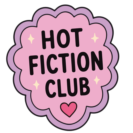 hot fiction club, pink, mauve, lavender, purple, pale yellow, hearts, stars, sparkles, whimsical, fun, playful, romantic, trendy, book lover, literary, badge design, scalloped edges, novelty, conversation starter, fan fiction, bookish, teen, young adult, gift worthy, statement piece, decorative panel