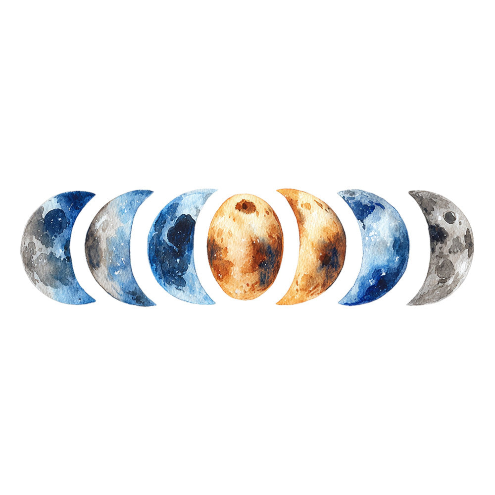 moon phases, celestial, lunar cycle, night sky, navy blue, cream, golden yellow, rust orange, charcoal gray, light blue, astronomy, space, nature, crescent moon, full moon, celestial bodies, star gazing, modern, minimalist, educational, science, peaceful, calming, wall hanging, home decor, celestial themed, watercolor effect, dreamy, magical, bohemian