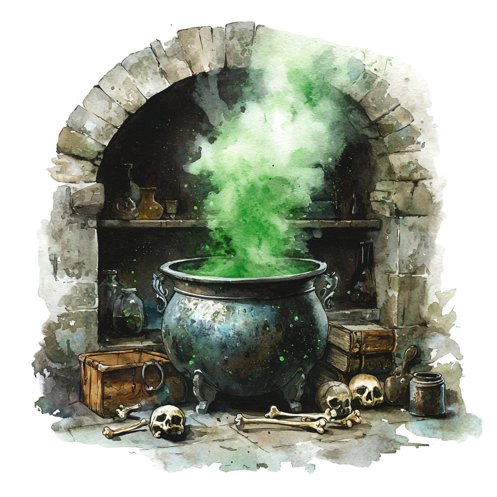 witches cauldron, potion, magical, fantasy, gothic, dark green, black, emerald green, sage green, bone white, bronze, copper, skulls, bones, cauldrons, spell, enchanted, mysterious, whimsical, dark fantasy, spooky, halloween, witchy, alchemy, occult, vintage, steampunk, magical creatures, moody, atmospheric