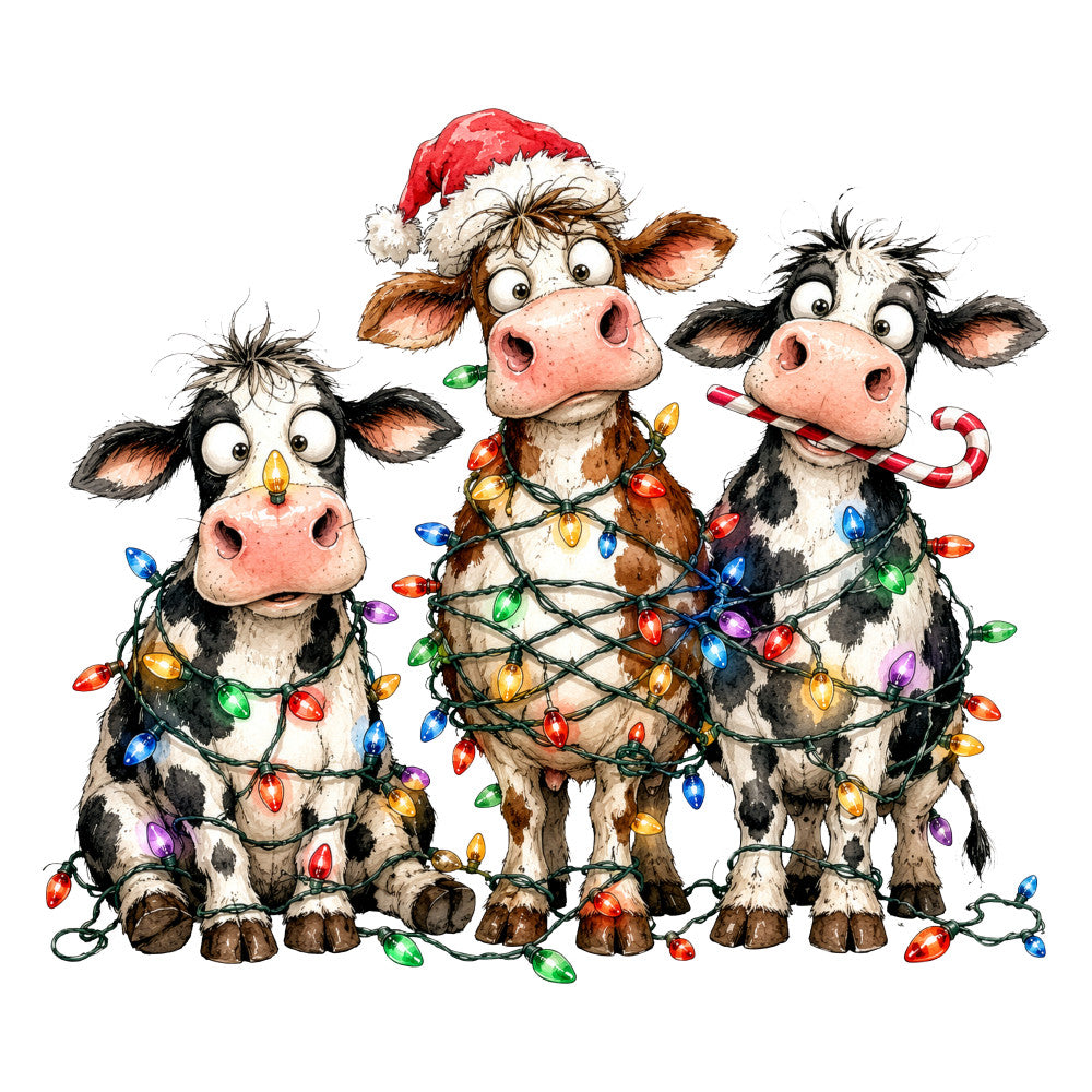christmas, holiday, cows, cattle, farm animals, farmhouse, whimsical, festive, colorful lights, string lights, candy cane, santa hat, red, black and white, cream, brown, multicolor, cute, playful, humorous, rustic, country, seasonal, winter, decoration, cheerful, bright, folk art style, novelty print