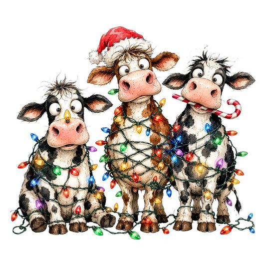 christmas, holiday, cows, cattle, farm animals, farmhouse, whimsical, festive, colorful lights, string lights, candy cane, santa hat, red, black and white, cream, brown, multicolor, cute, playful, humorous, rustic, country, seasonal, winter, decoration, cheerful, bright, folk art style, novelty print