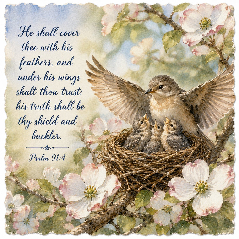 bird, mother bird, baby birds, nest, spring flowers, white flowers, blush pink, dusty rose, sage green, soft blue, cream, brown, scripture quote, psalm 91:4, religious, inspirational, floral, nature, animals, birds, traditional, elegant, whimsical, vintage, pastoral, protection, faith, spiritual, nursery, baby quilt