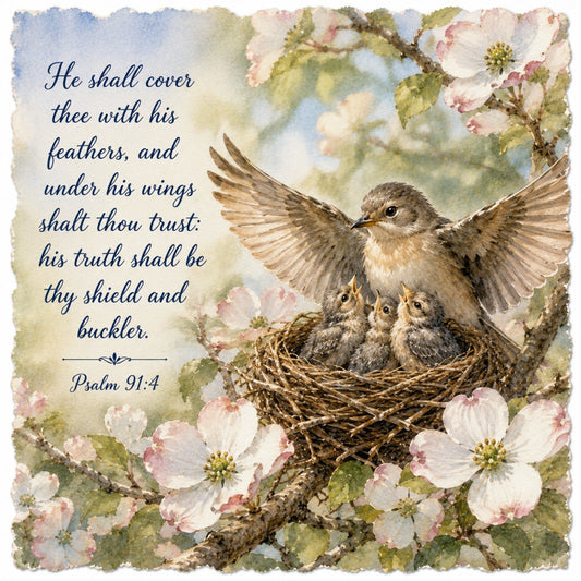 bird, mother bird, baby birds, nest, spring flowers, white flowers, blush pink, dusty rose, sage green, soft blue, cream, brown, scripture quote, psalm 91:4, religious, inspirational, floral, nature, animals, birds, traditional, elegant, whimsical, vintage, pastoral, protection, faith, spiritual, nursery, baby quilt