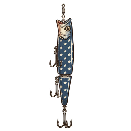 fishing lure, nautical, vintage fishing, patriotic, stars, navy blue, cream, red, americana, fish, fishing tackle, vintage americana, retro fishing, themed panel, fishing decor, coastal, americana theme, patriotic decor, red white and blue, fishing gifts, vintage style, traditional, whimsical, fishing enthusiasts, novelty print, memorial day, fourth of july, independence day