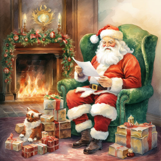 red, green, gold, white, brown, santa claus, fireplace, christmas tree garland, wrapped gifts, cat, armchair, fabric panel, watercolor style, holiday scene, cozy interior, candles, ornaments, reading letter, christmas morning, quilting cotton