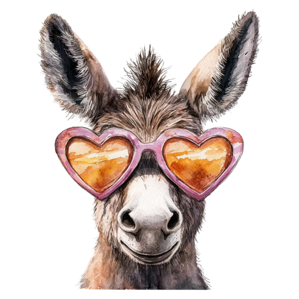donkey, heart shaped sunglasses, whimsical, fun, playful, animal portrait, humor, novelty, pink, gold, orange, tan, brown, cream, white, modern, quirky, cute animals, funny animals, trendy, contemporary, kids, children's, decorative, wall art, apparel, fashion fabric, statement print, pop art style, love theme