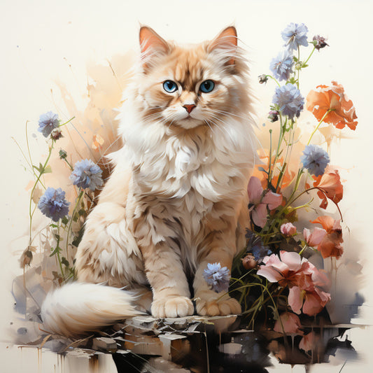 Watercolor Cats with Flowers Fabric Panel 15 featuring a detailed fluffy cat surrounded by delicate pastel flowers on quilting cotton.