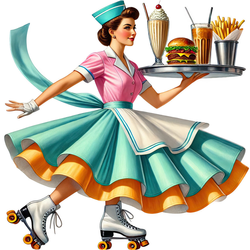 retro waitress, 1950s diner, vintage server, turquoise, pink, cream, orange, gold, roller skates, milkshake, hamburger, french fries, ice cream sundae, nostalgic, retro aesthetic, mid-century, whimsical, fun, playful, diner theme, food illustration, character panel, kitsch, kitschy, vintage kitchen, novelty, colorful, cheerful, retro home decor, conversation print