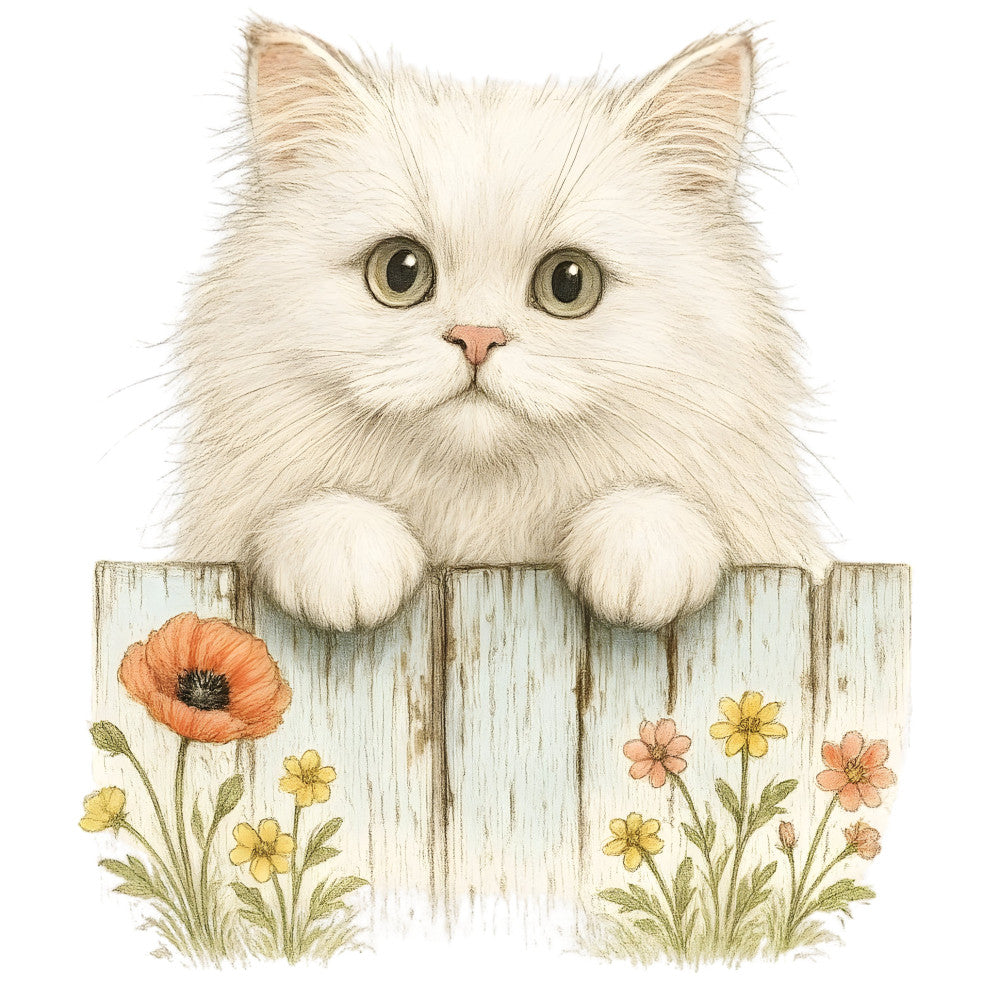 white cat, cream colored, fluffy cat, long-haired cat, peach flowers, yellow flowers, coral pink, sage green, rustic wood fence, farmhouse style, whimsical, sweet, cottage core, garden theme, floral border, spring flowers, poppy flower, daisy flowers, animal lover, cat themed, nature inspired, pastoral, vintage illustration, children's design, nursery, wall art, decorative panel, garden fence, botanical, soft pastel colors