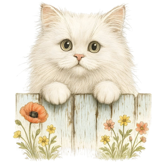 white cat, cream colored, fluffy cat, long-haired cat, peach flowers, yellow flowers, coral pink, sage green, rustic wood fence, farmhouse style, whimsical, sweet, cottage core, garden theme, floral border, spring flowers, poppy flower, daisy flowers, animal lover, cat themed, nature inspired, pastoral, vintage illustration, children's design, nursery, wall art, decorative panel, garden fence, botanical, soft pastel colors