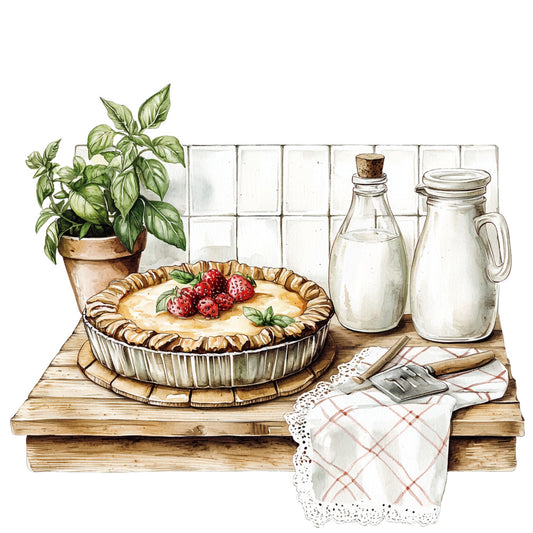 fabric panel, country kitchen, strawberry pie, basil plant, milk bottles, wooden table, white subway tile, kitchen towel, rustic style, farmhouse decor, baking scene, watercolor illustration, green leaves, red strawberries, cream colors, brown wood tones, glass jars, quilting cotton, cooking theme, vintage kitchen