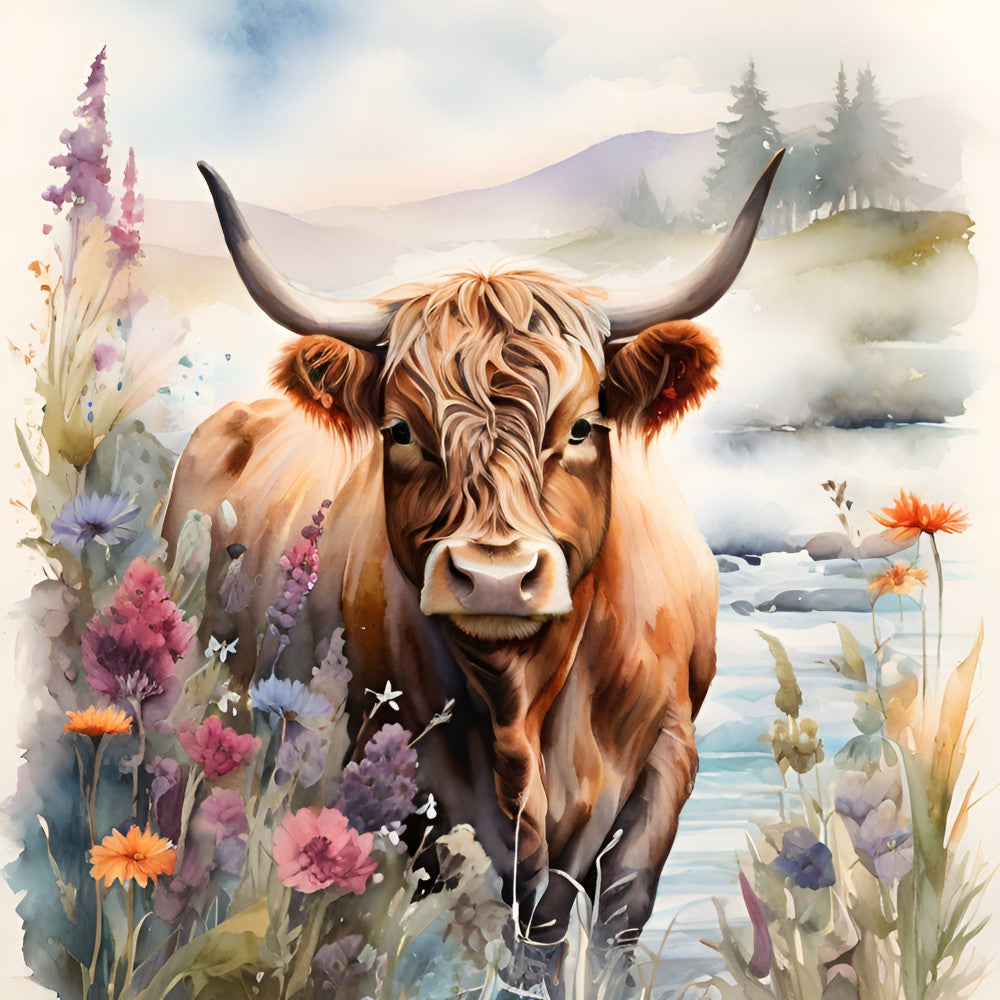 highland cattle, long horned cow, brown cow, rust orange, cream white, lavender purple, soft pink, wildflowers, alpine meadow, mountain landscape, rustic farmhouse, watercolor style, botanical floral, nature animals, countryside pastoral, spring summer, whimsical folk art, traditional countryside, peaceful scenic, daisy flowers, purple blooms, orange flowers, misty mountains, lakeside landscape, gentle pastoral, decorative panel, wall art, nature lovers, english countryside, soft watercolor