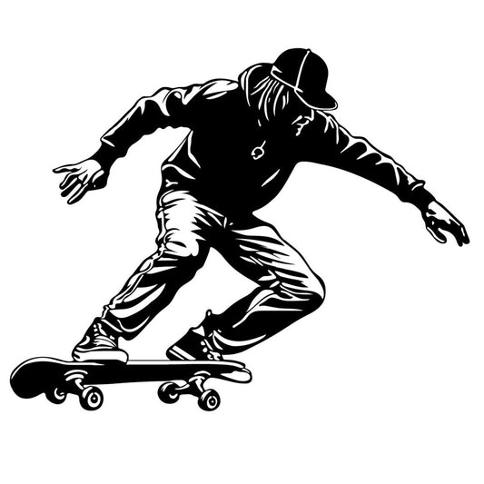 skateboard, skateboarder, sports, action, youth, urban, black and white, monochrome, silhouette, trick, extreme sports, street style, modern, contemporary, cool, edgy, boys, men, casual wear, wall art, apparel, graphic, bold, high contrast, recreation, hobbies, lifestyle, teen