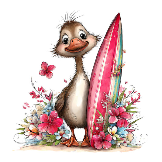 whimsical ostrich, coral pink, hot pink, magenta, turquoise, cream, brown, floral, surfboard, beach theme, tropical, spring, summer, animals, birds, flowers, hibiscus, daisies, playful, cheerful, nautical, children's, baby, cute, decorative panel, wall hanging, fun, colorful, nature-inspired