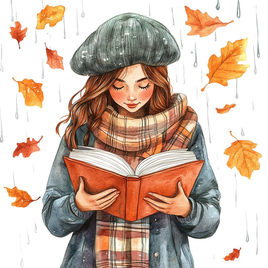 autumn, fall, cozy, reading, books, girl, woman, plaid, plaid scarf, checkered, leaves, falling leaves, oak leaves, maple leaves, rain, raindrops, knit hat, beanie, gray, grey, rust, orange, gold, warm tones, whimsical, peaceful, literary, storybook, illustration, watercolor