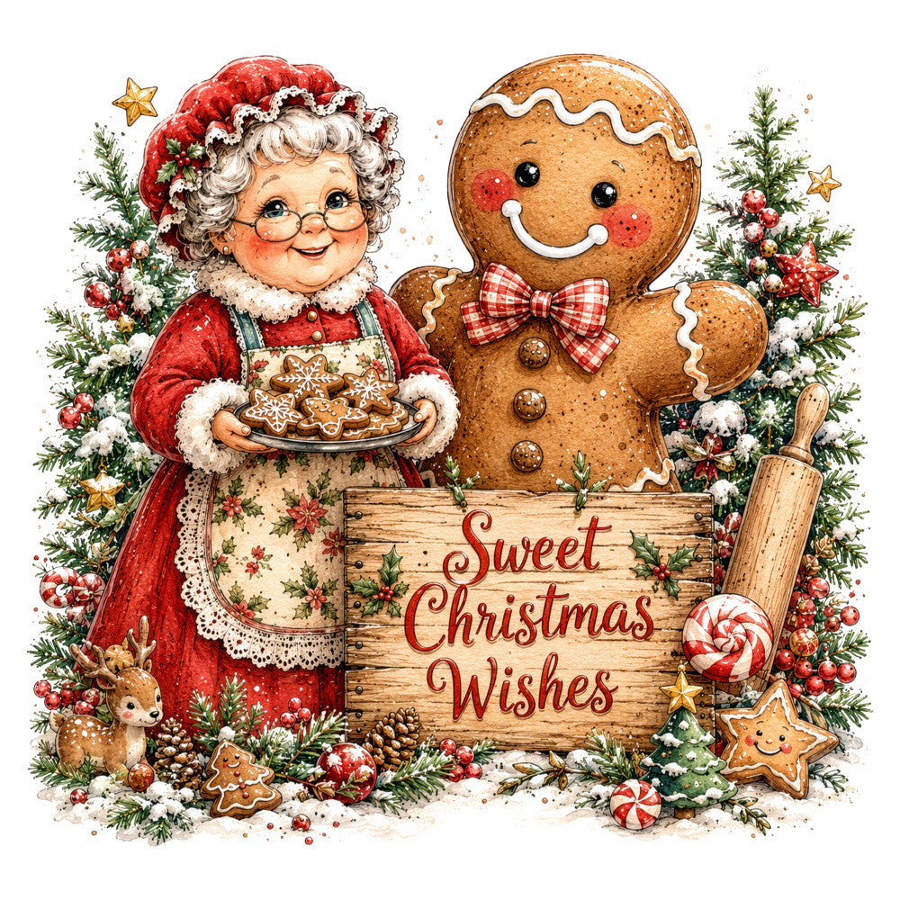 christmas, holiday, gingerbread, sweet christmas wishes, red, cream, brown, tan, gold, festive, whimsical, vintage, traditional, gingerbread man, gingerbread woman, mrs claus, candy cane, peppermint, pine branches, evergreen, winter, seasonal, decorative, greeting card style, kitsch, retro, nostalgic, cottage core, baking theme, kitchen