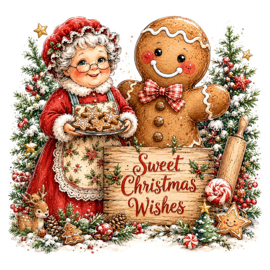 christmas, holiday, gingerbread, sweet christmas wishes, red, cream, brown, tan, gold, festive, whimsical, vintage, traditional, gingerbread man, gingerbread woman, mrs claus, candy cane, peppermint, pine branches, evergreen, winter, seasonal, decorative, greeting card style, kitsch, retro, nostalgic, cottage core, baking theme, kitchen