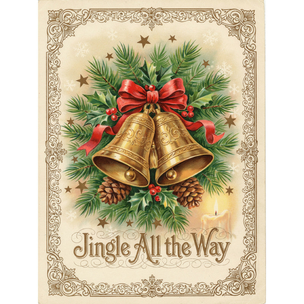 christmas, holiday, vintage, elegant, traditional, gold bells, red ribbon, evergreen, pine branches, pinecones, holly berries, cream, gold, red, green, brown, festive, nostalgic, ornamental, decorative border, stars, seasonal, winter, christmas wreath, victorian, timeless, greeting card style, warm tones