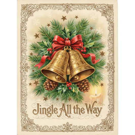 christmas, holiday, vintage, elegant, traditional, gold bells, red ribbon, evergreen, pine branches, pinecones, holly berries, cream, gold, red, green, brown, festive, nostalgic, ornamental, decorative border, stars, seasonal, winter, christmas wreath, victorian, timeless, greeting card style, warm tones