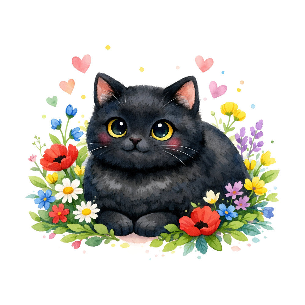 black cat, yellow eyes, pink hearts, floral, flowers, whimsical, cute, animal, nature, spring, summer, garden, colorful, coral pink, dusty rose, peach, soft yellow, purple, blue flowers, red poppies, daisies, green leaves, charming, playful, children's, cat lover, sweet, decorative, woodland, cottage style