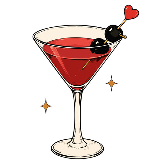red cocktail, martini glass, black olives, heart pick, romantic, love, valentines day, red, black, gold, cream, beverage, drinks, cocktail party, elegant, whimsical, celebration, date night, retro, vintage, modern, sparkle stars, entertaining, barware, festive, fun, playful